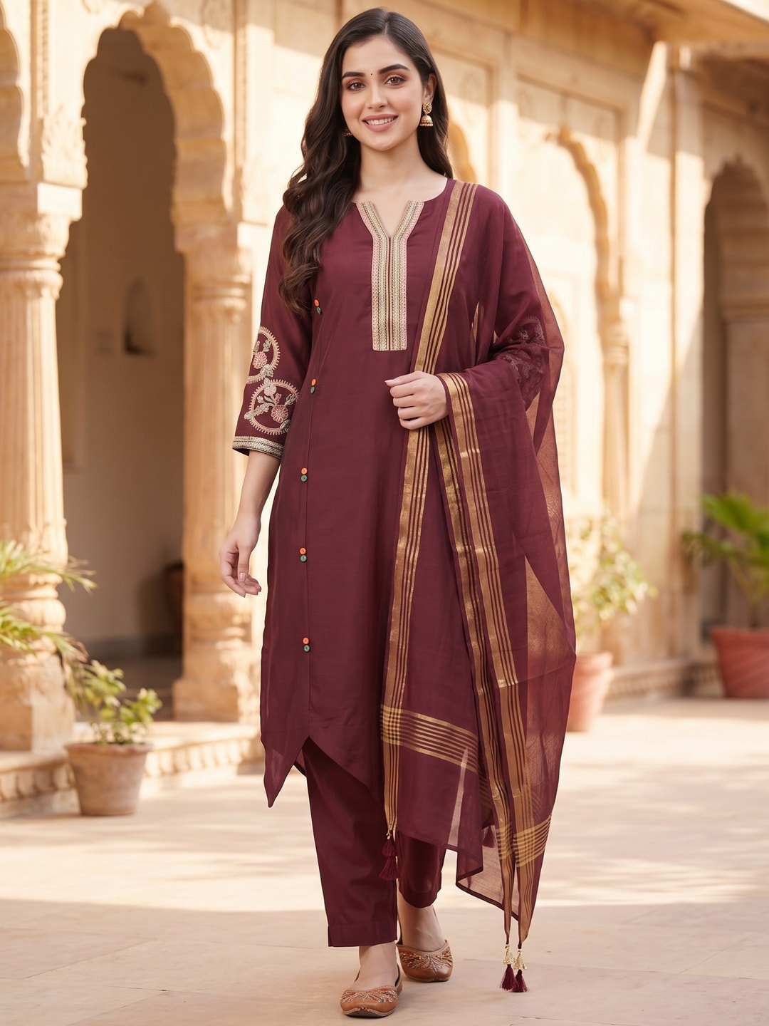 Peachmode Maroon Chanderi Silk Salwar Suit With Embroidered V Placket - Image 2