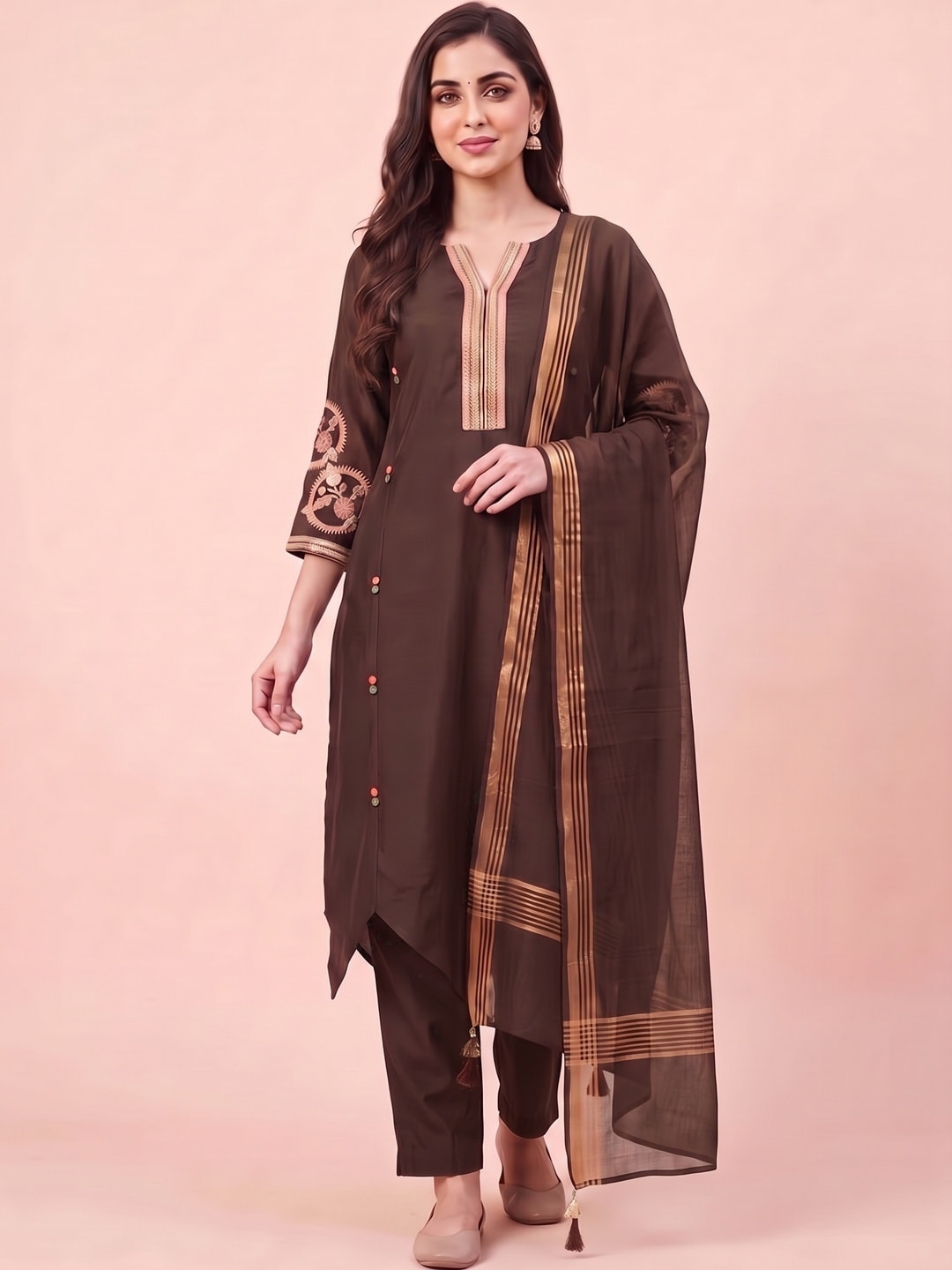 Peachmode Brown Chanderi Silk Salwar Suit With Embroidered V Placket - Image 1