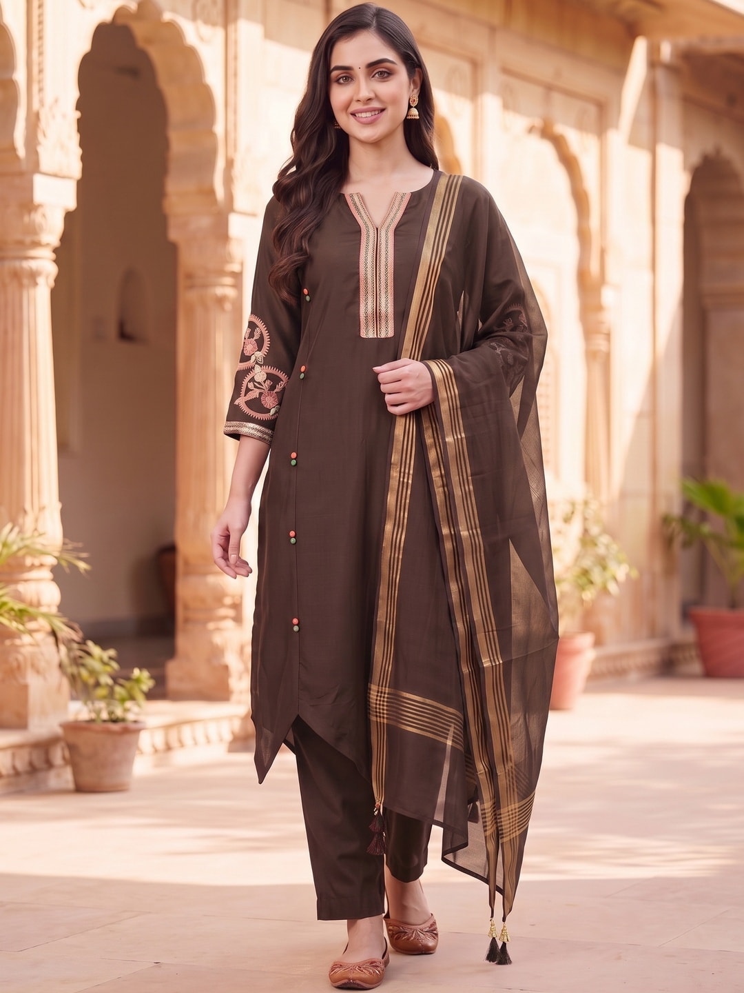 Peachmode Brown Chanderi Silk Salwar Suit With Embroidered V Placket - Image 2