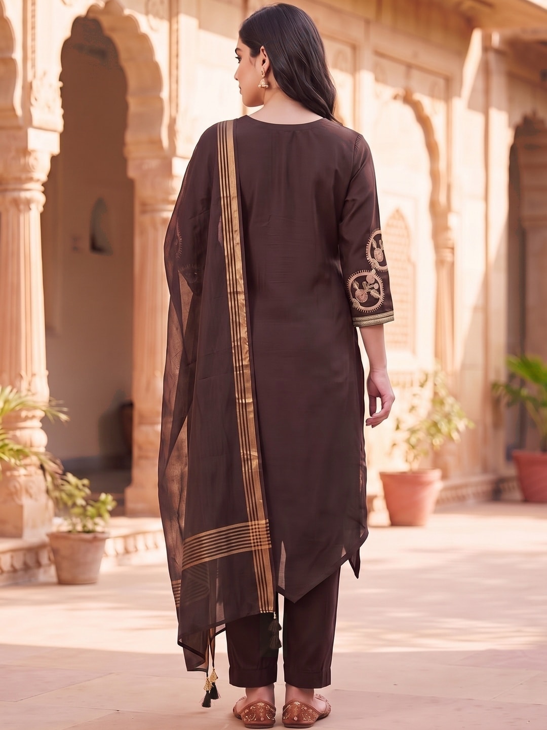 Peachmode Brown Chanderi Silk Salwar Suit With Embroidered V Placket - Image 4