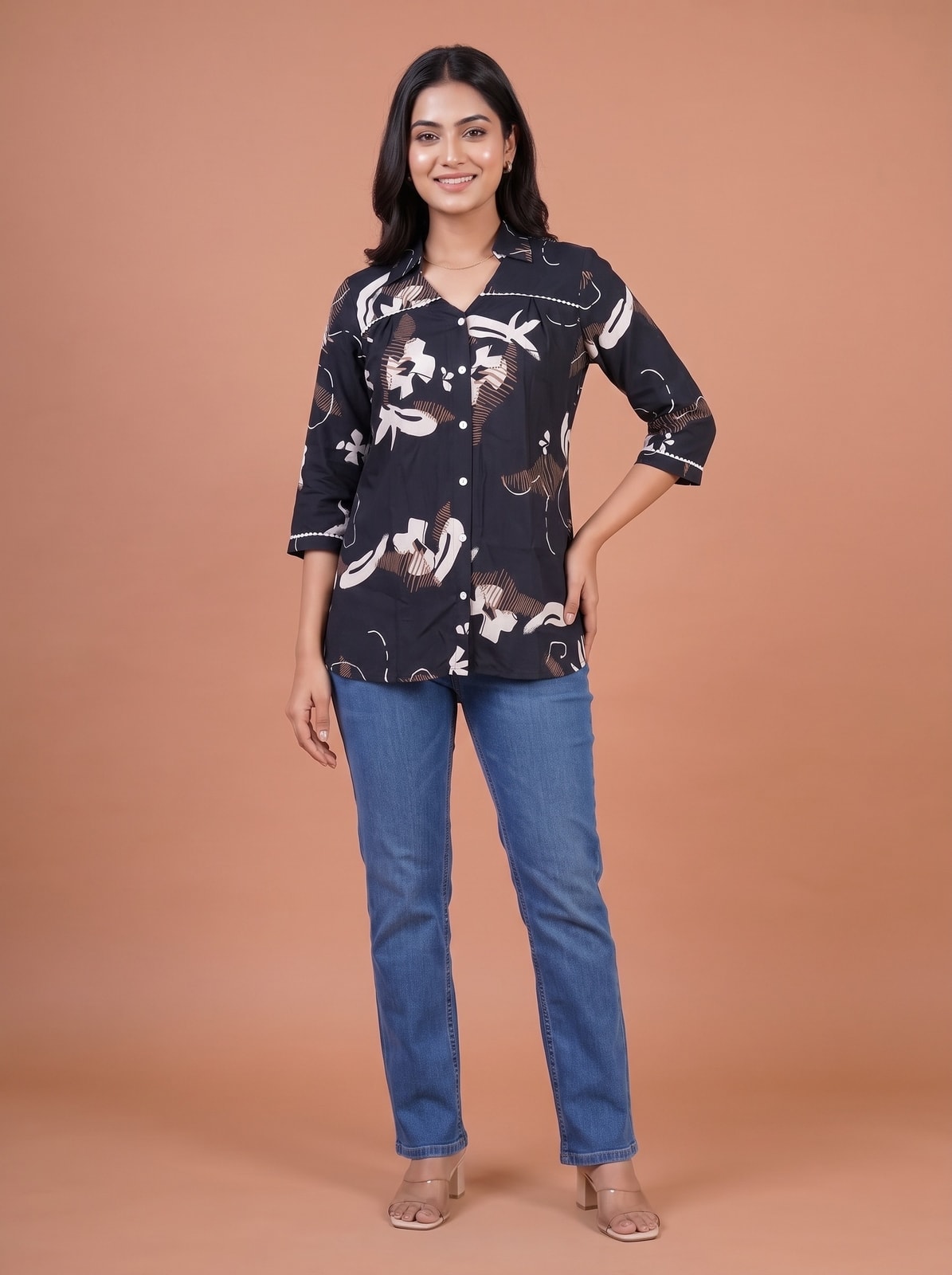Peachmode Dark Blue Rayon Abstract Printed Collared Shirt - Image 1