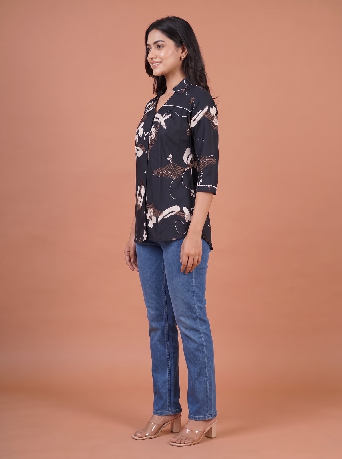 Peachmode Dark Blue Rayon Abstract Printed Collared Shirt - Image 3