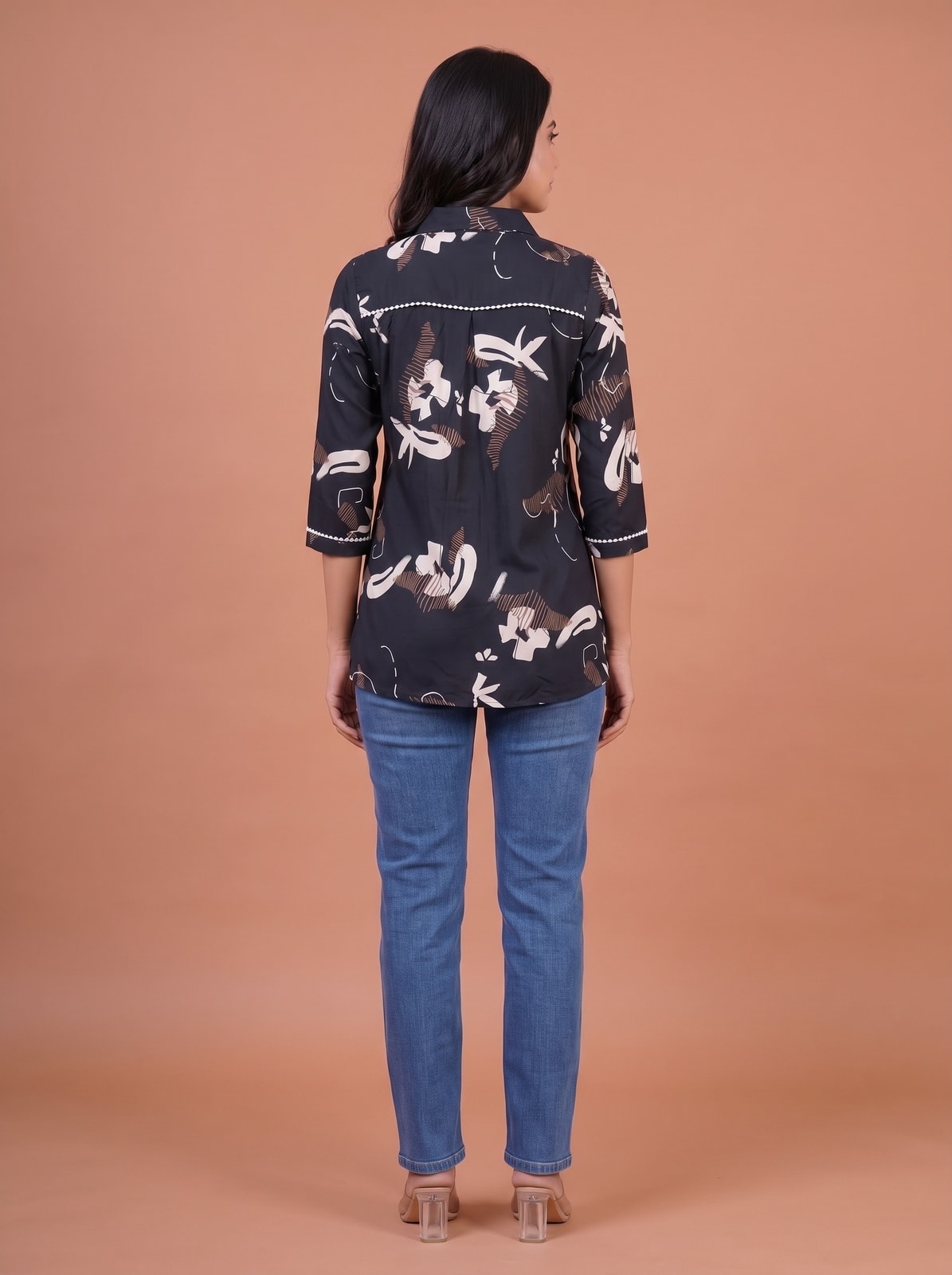 Peachmode Dark Blue Rayon Abstract Printed Collared Shirt - Image 4
