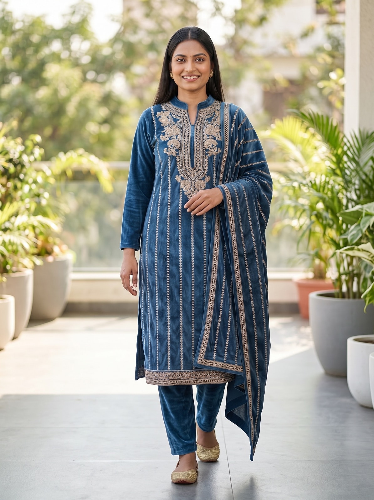 Peachmode Blue Gold Embroidered Velvet Salwar Suit with Dupatta - Image 2