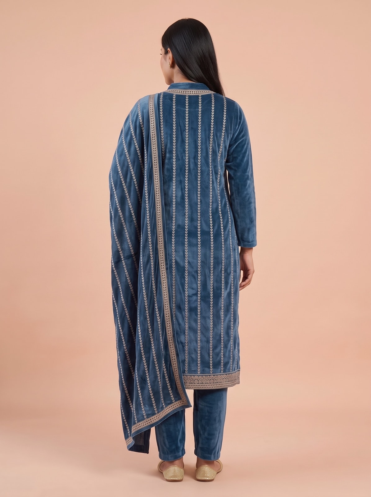 Peachmode Blue Gold Embroidered Velvet Salwar Suit with Dupatta - Image 4