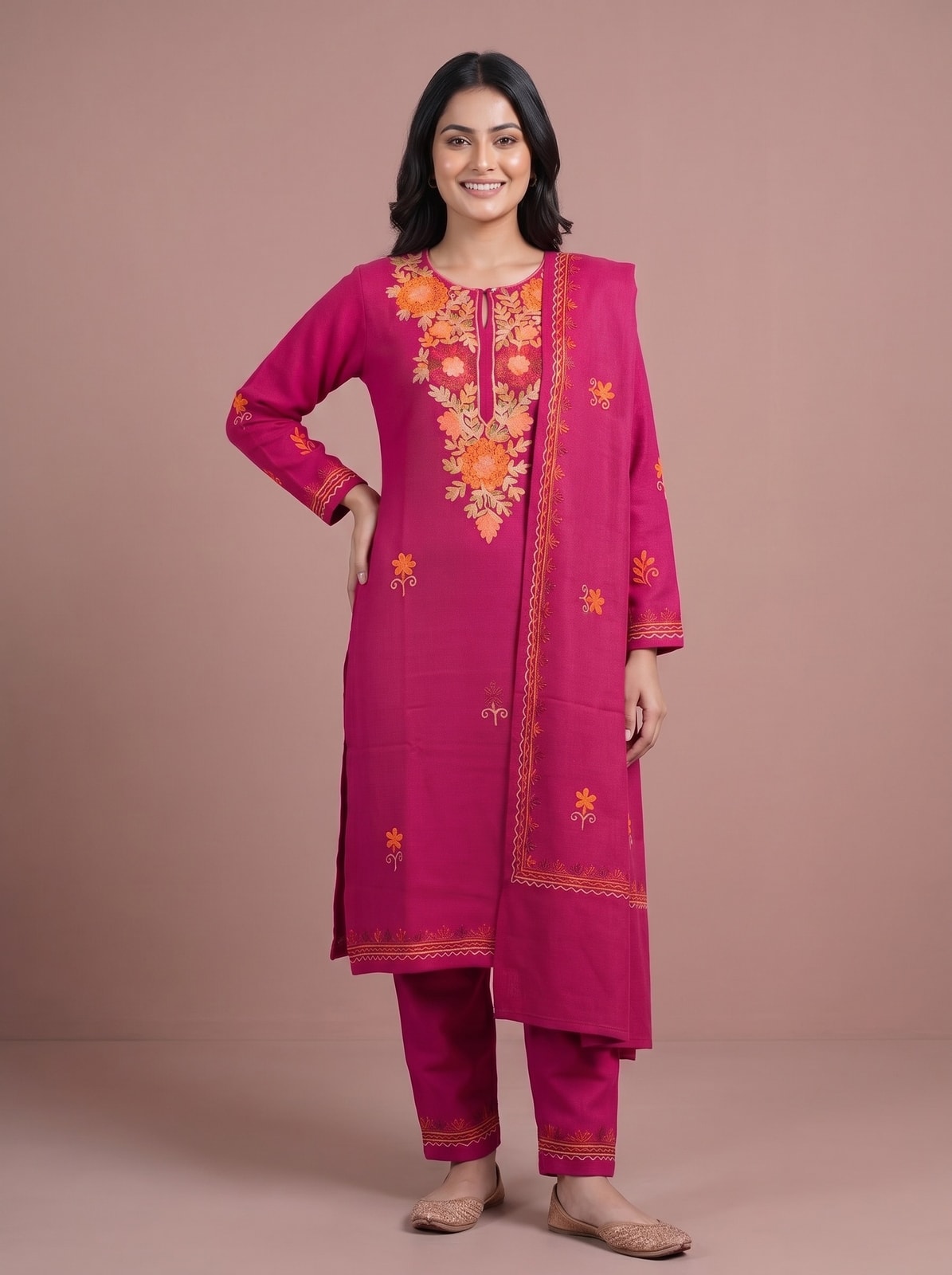 Peachmode Pink Woolen Salwar Suit With Floral Embroidery - Image 1