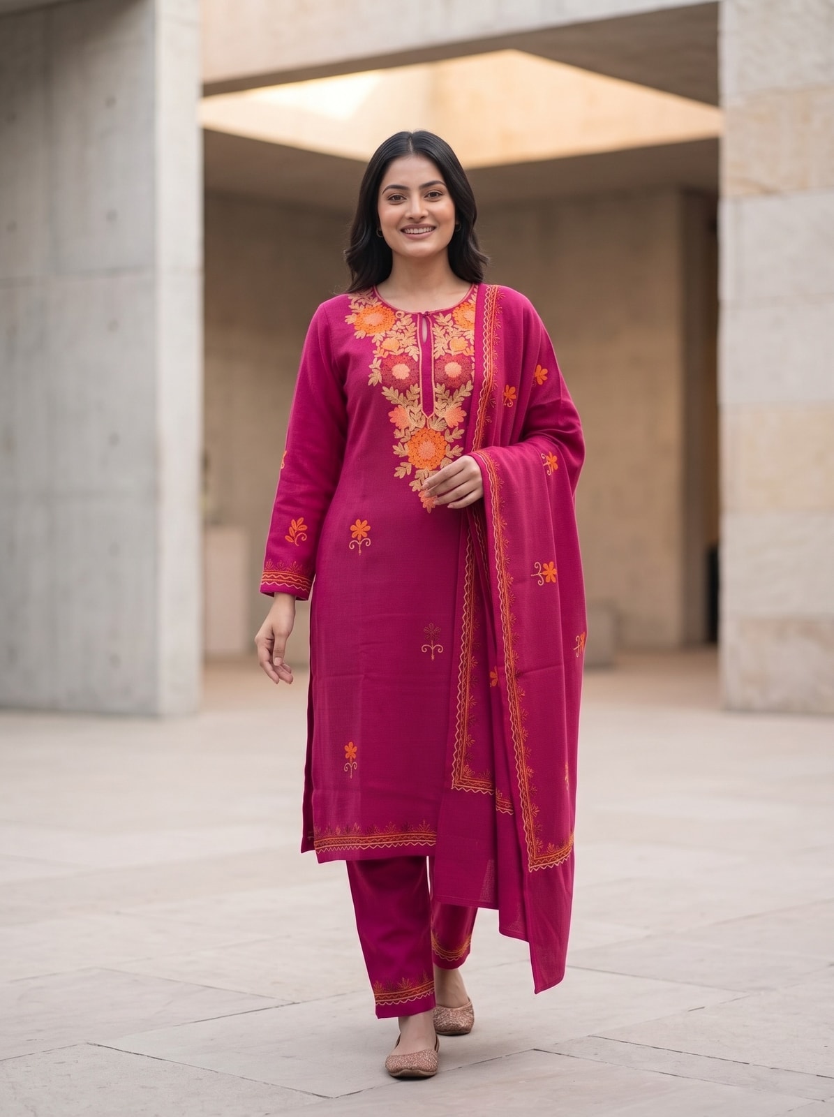 Peachmode Pink Woolen Salwar Suit With Floral Embroidery - Image 2
