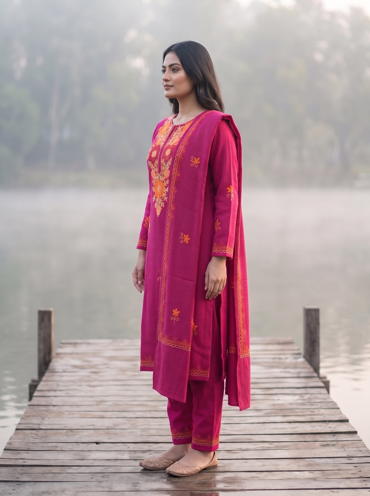 Peachmode Pink Woolen Salwar Suit With Floral Embroidery - Image 3