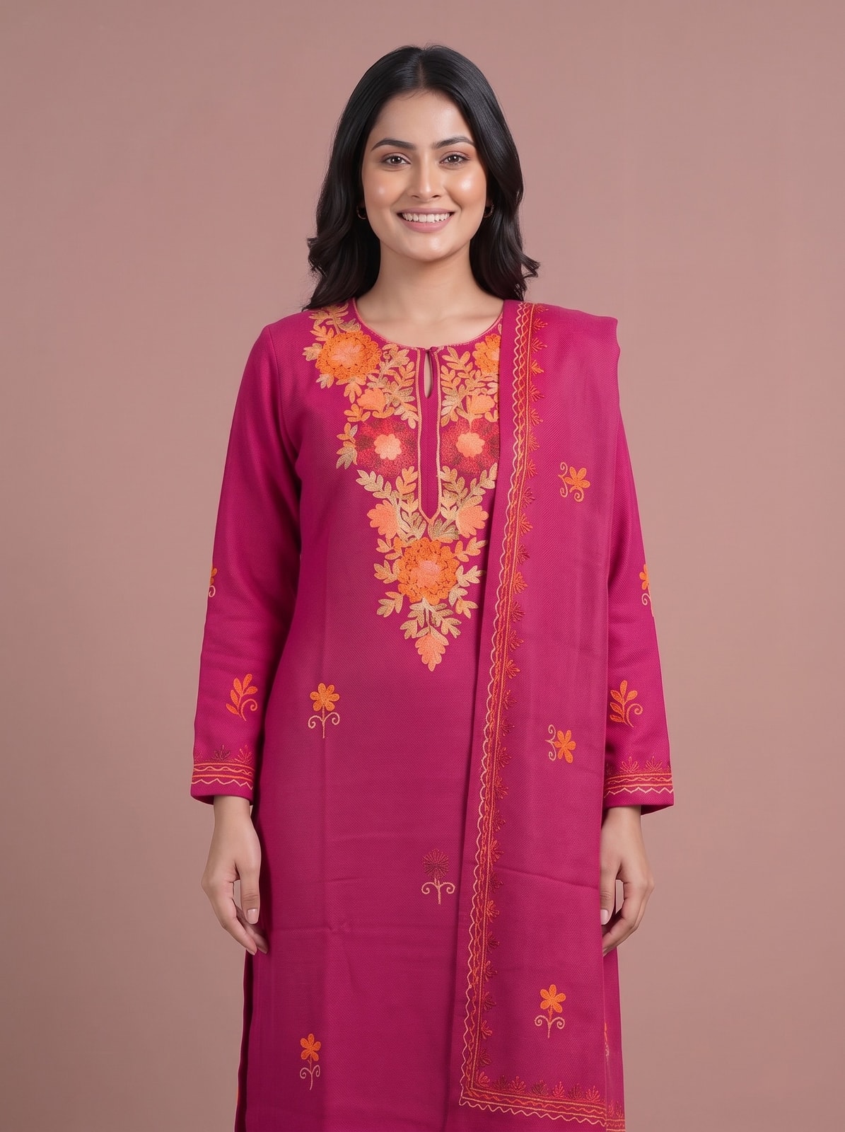 Peachmode Pink Woolen Salwar Suit With Floral Embroidery - Image 5
