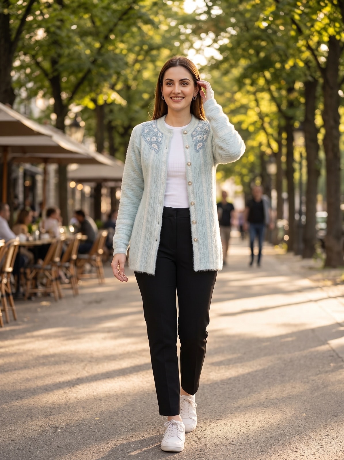 Peachmode Ice Blue Ombre Cable Beaded Yoke Woolen Cardigan - Image 2