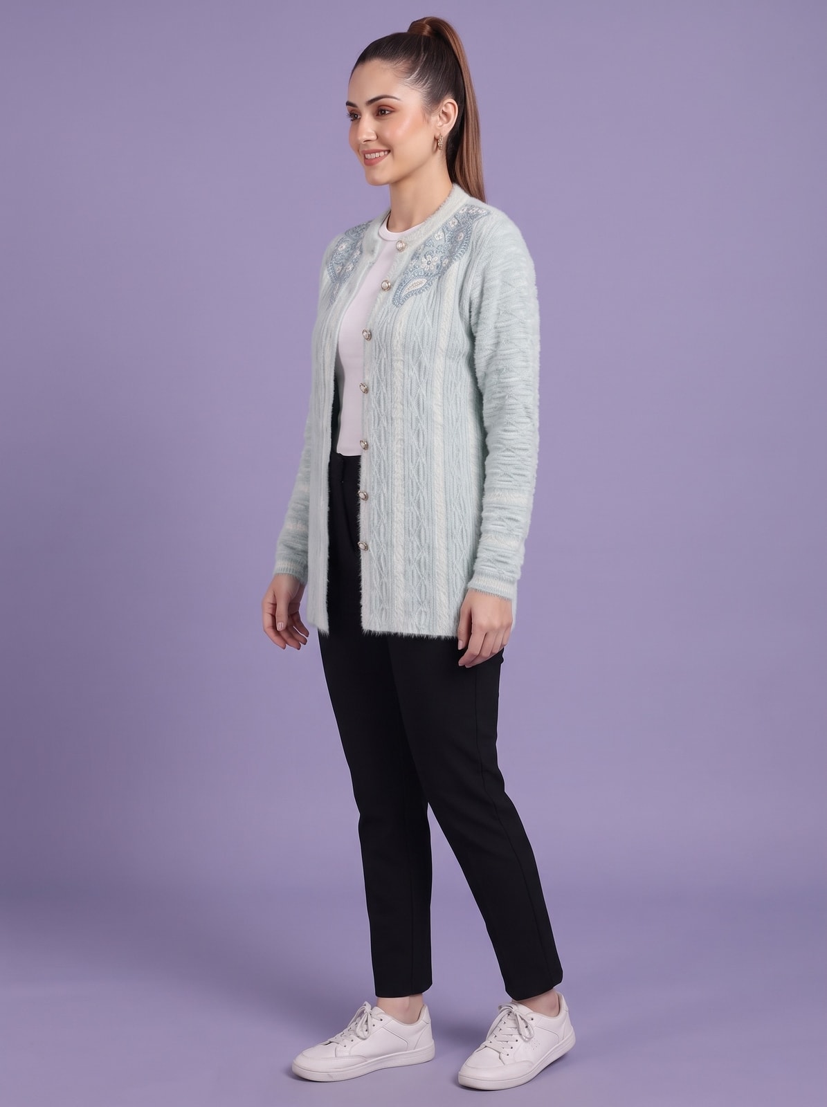Peachmode Ice Blue Ombre Cable Beaded Yoke Woolen Cardigan - Image 3