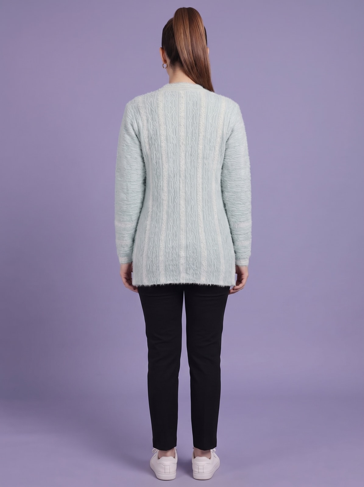Peachmode Ice Blue Ombre Cable Beaded Yoke Woolen Cardigan - Image 4