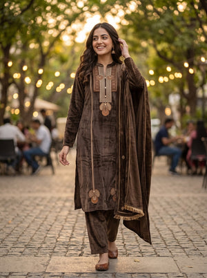 Peachmode Brown Embroidered Velvet Salwar Suit with Dupatta - Image 2