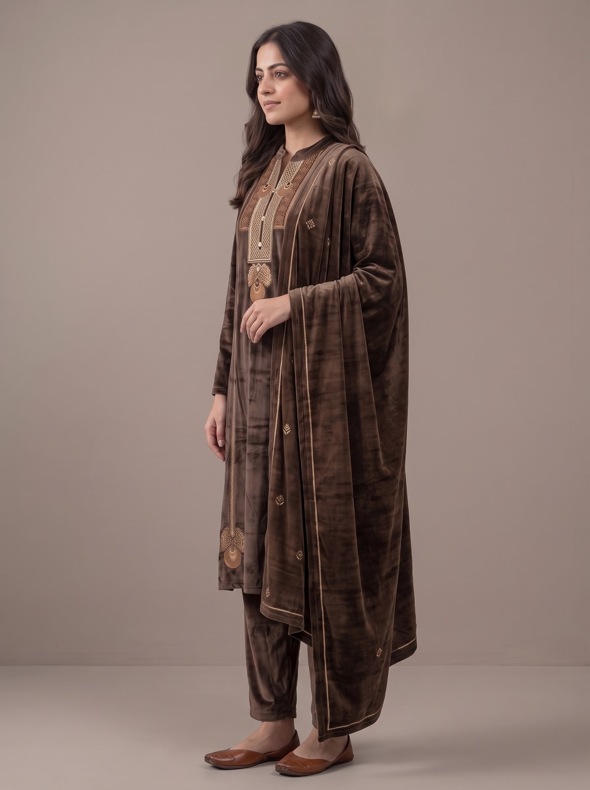 Peachmode Brown Embroidered Velvet Salwar Suit with Dupatta - Image 3