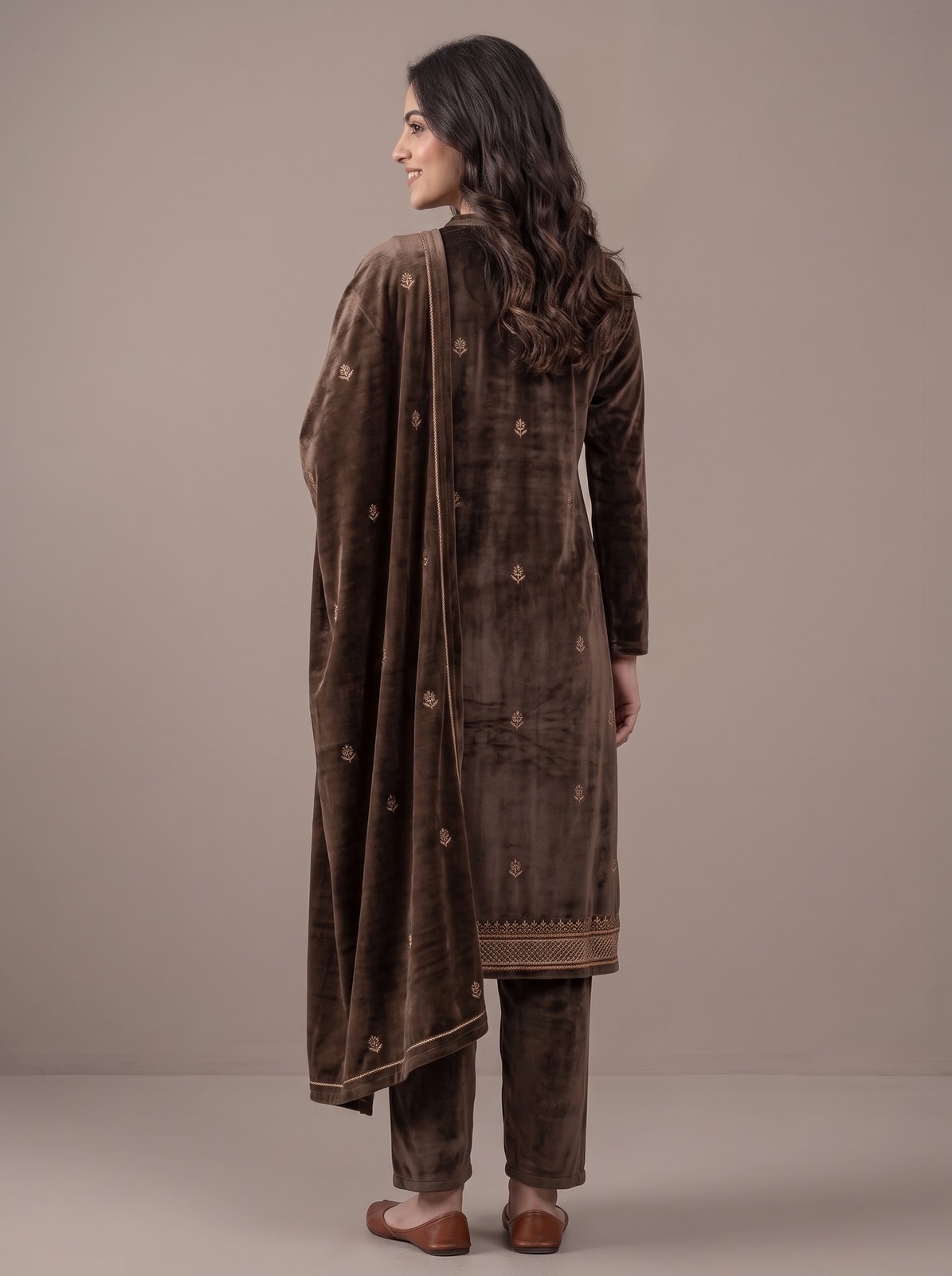 Peachmode Brown Embroidered Velvet Salwar Suit with Dupatta - Image 4