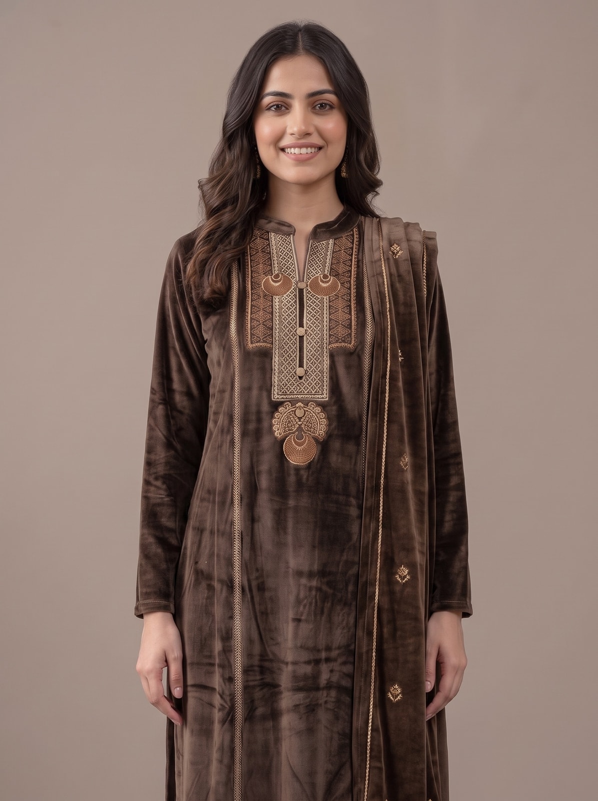 Peachmode Brown Embroidered Velvet Salwar Suit with Dupatta - Image 5