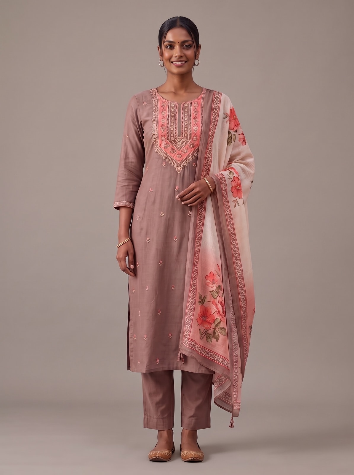 Peachmode Muslin Embroidered Yoke Salwar Suit With Floral Print Dupatta - Image 1