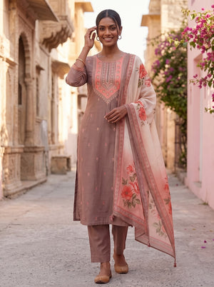 Peachmode Muslin Embroidered Yoke Salwar Suit With Floral Print Dupatta - Image 2