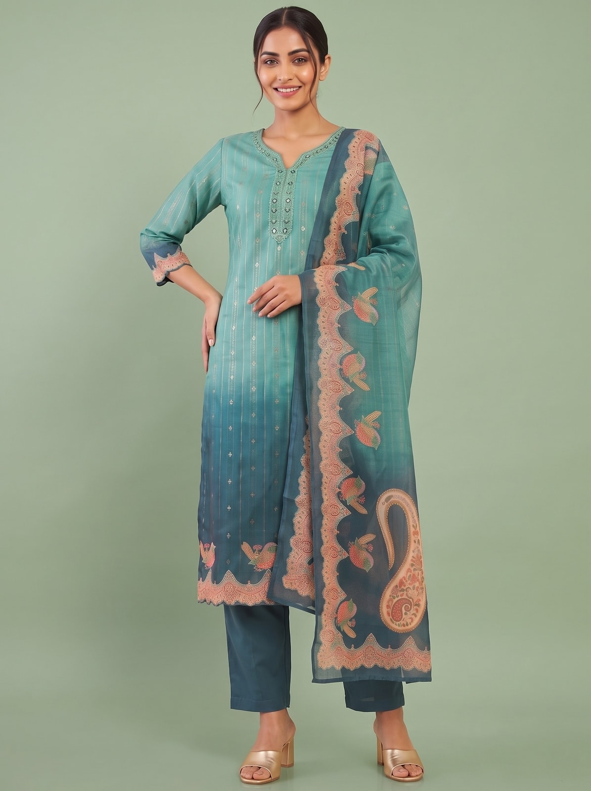 Peachmode Teal Viscose Blend Embroidered V-Neck Salwar Suit With Printed Dupatta - Image 1