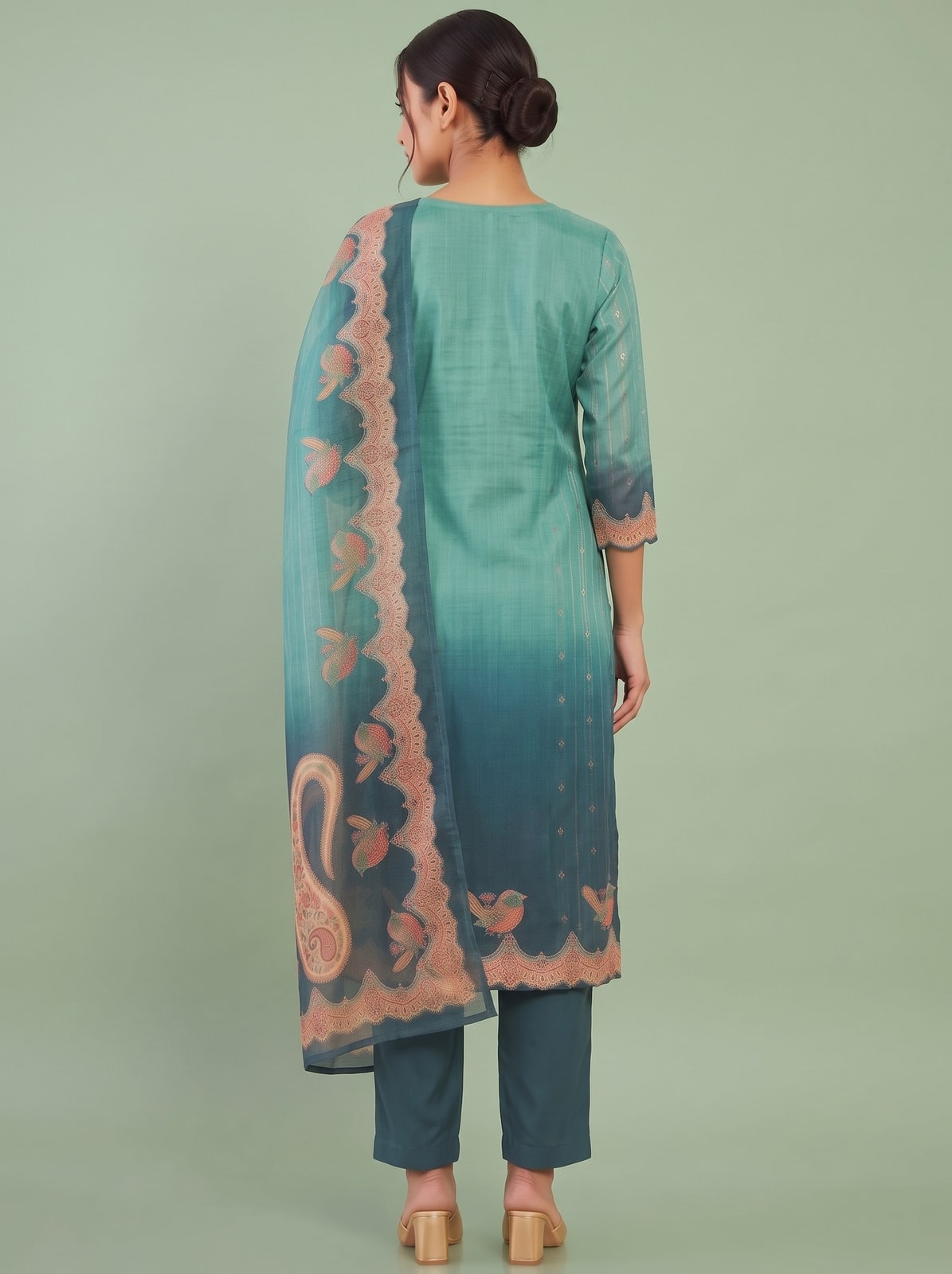 Peachmode Teal Viscose Blend Embroidered V-Neck Salwar Suit With Printed Dupatta - Image 4