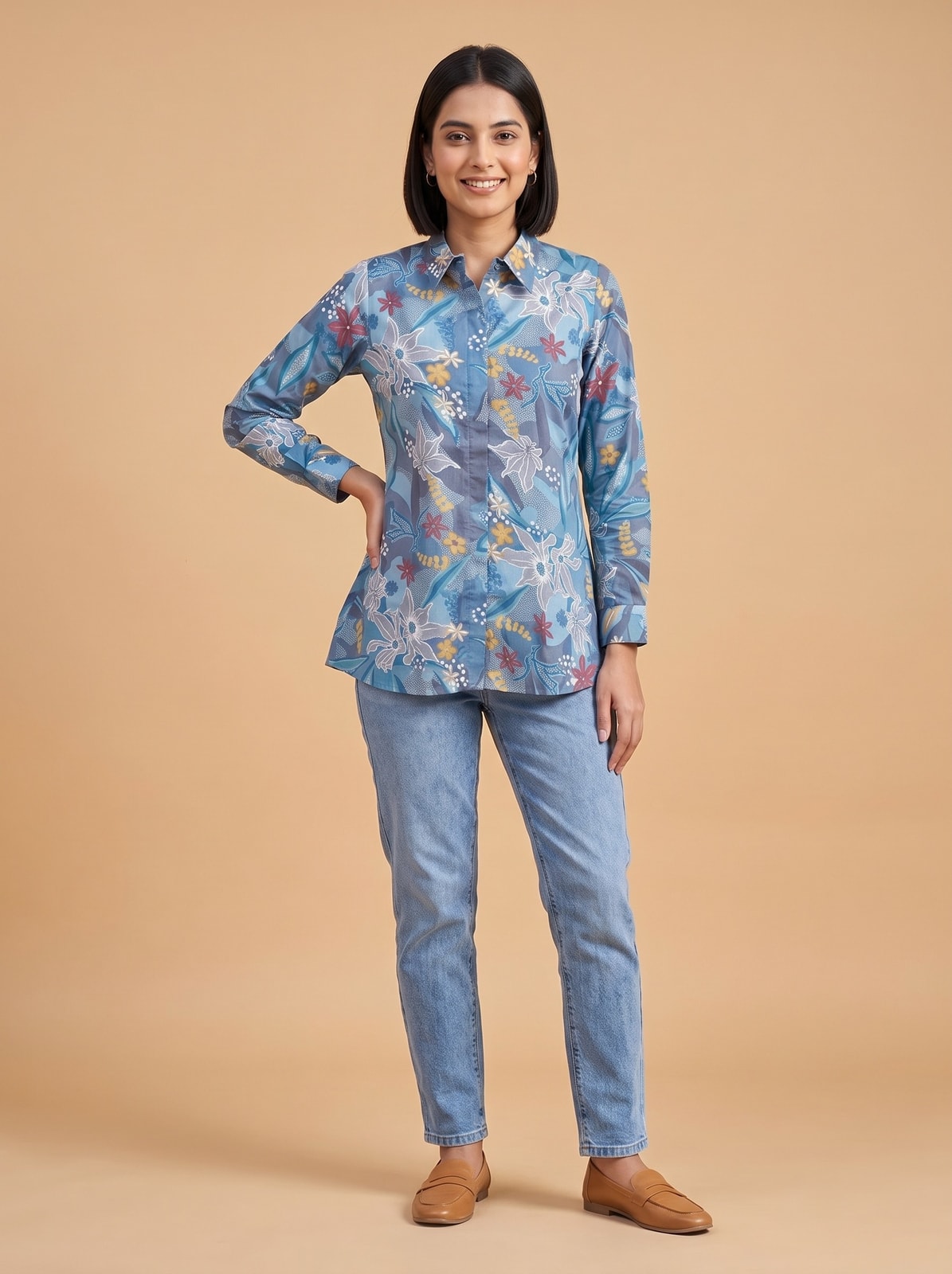 Peachmode Blue Floral Print Cotton Shirt - Image 1
