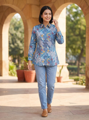 Peachmode Blue Floral Print Cotton Shirt - Image 2