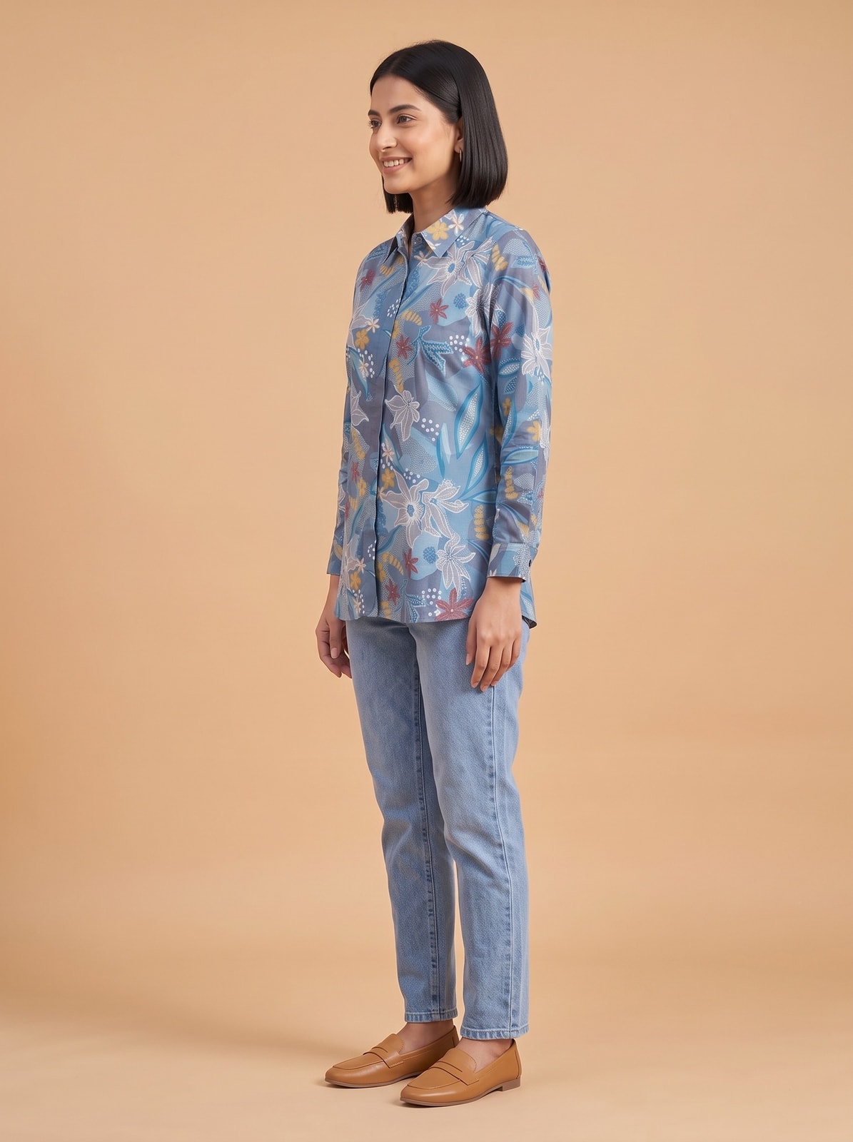 Peachmode Blue Floral Print Cotton Shirt - Image 3