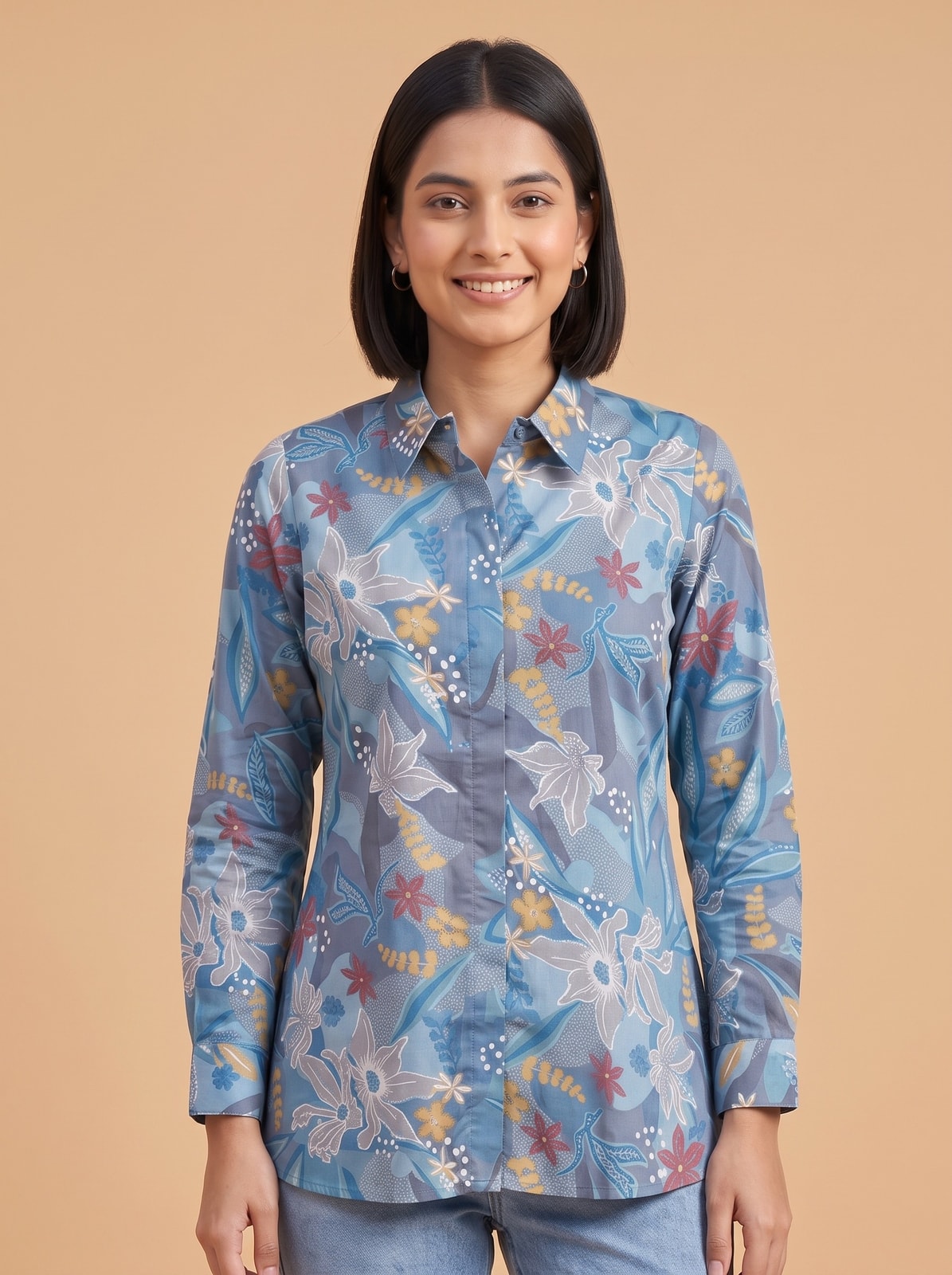 Peachmode Blue Floral Print Cotton Shirt - Image 5