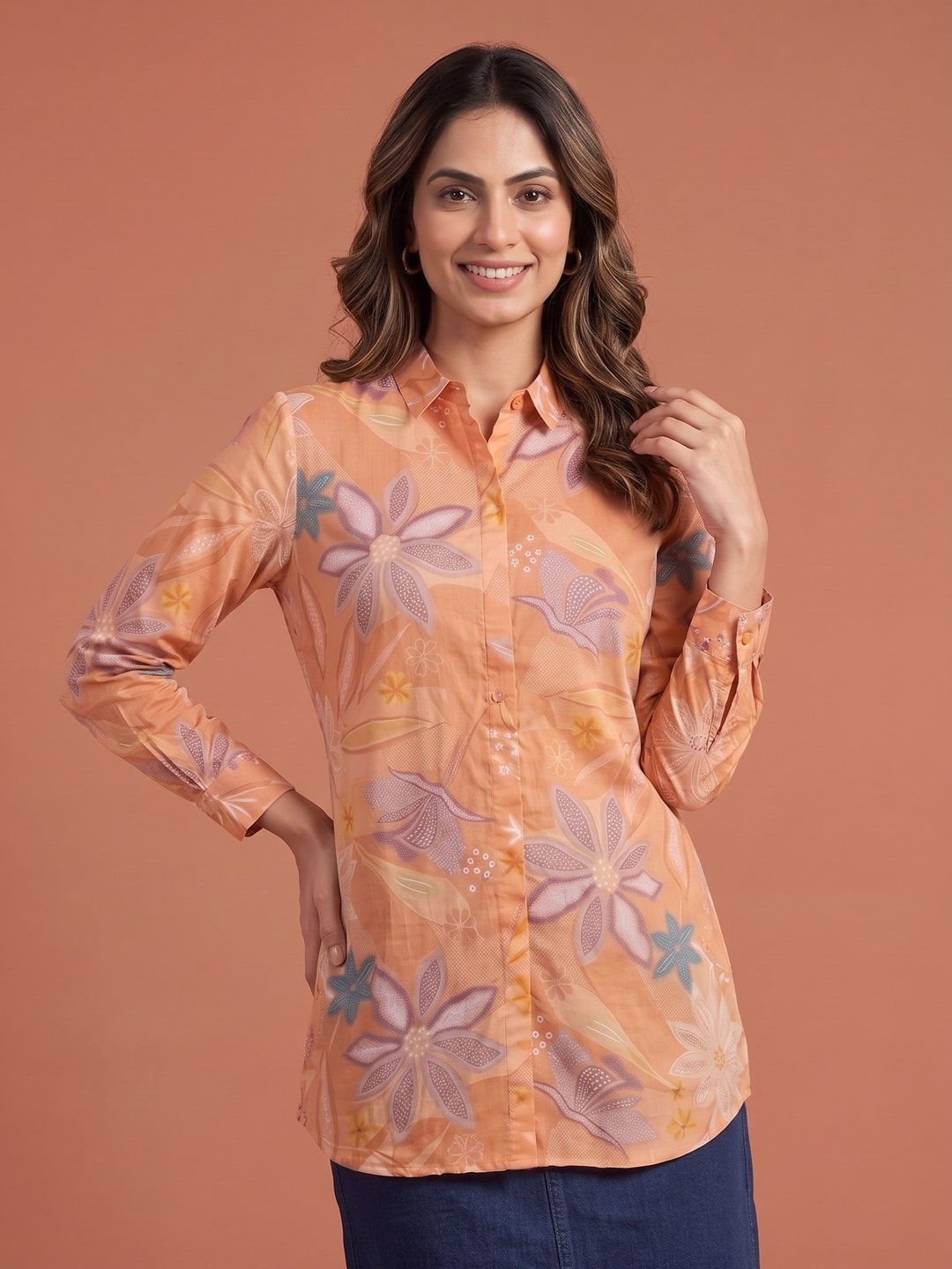 Peachmode Peach Floral Print Cotton Shirt - Image 1