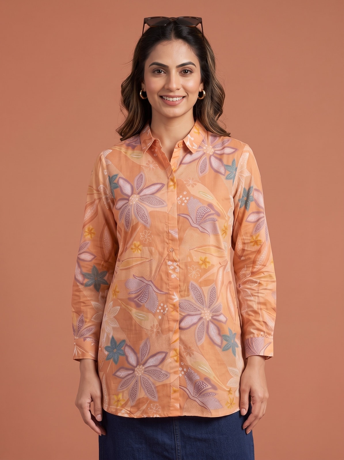 Peachmode Peach Floral Print Cotton Shirt - Image 5
