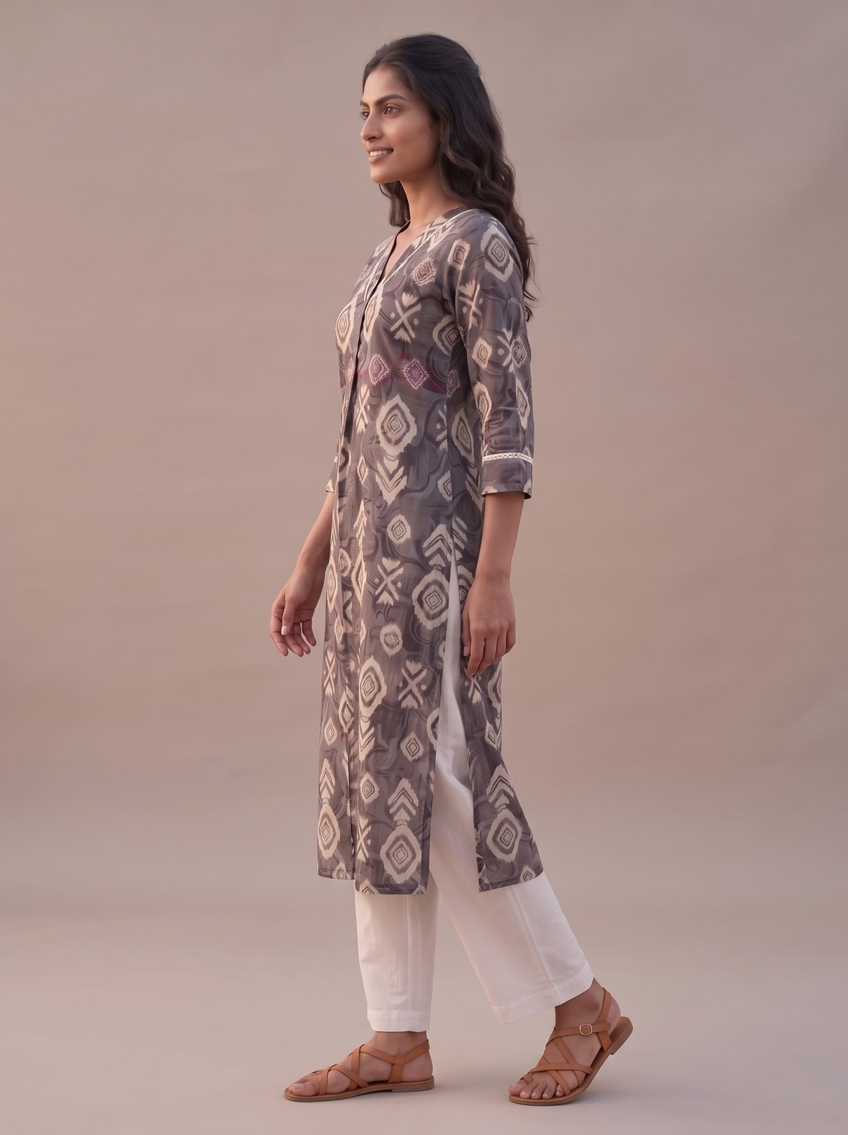 Peachmode Grey Viscose Blend Geometric Printed Kurti - Image 3
