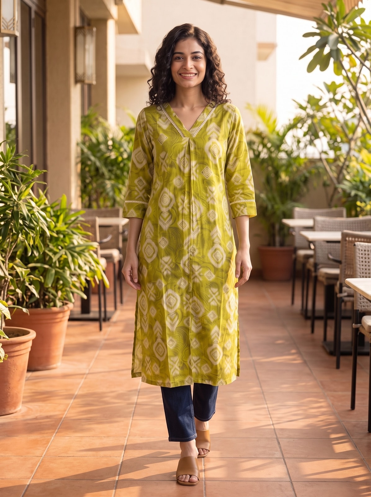 Green Viscose Blend Geometric Printed Kurti - Image 2