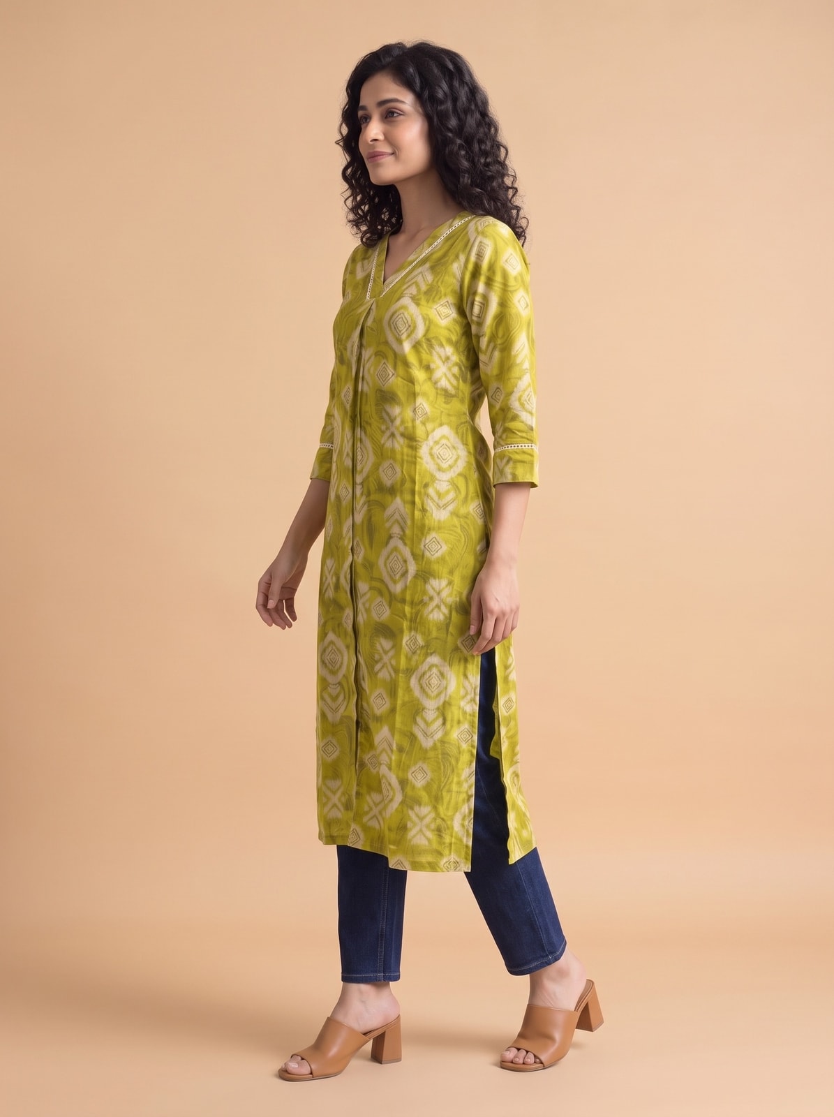 Green Viscose Blend Geometric Printed Kurti - Image 3