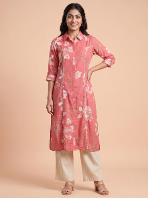 Peachmode Pink Floral Print Viscose Blend Shirt Kurti - Image 1