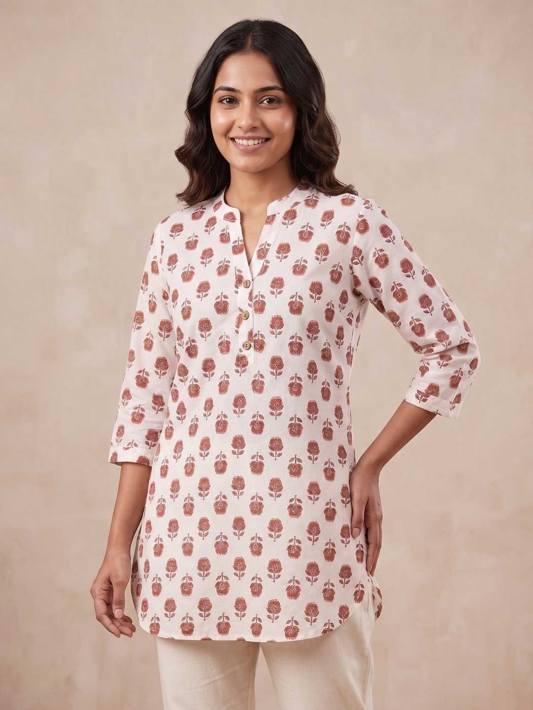 Rust and White Pure Cotton Floral Printed Top - Image 1