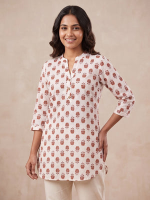 Rust and White Pure Cotton Floral Printed Top - Image 1