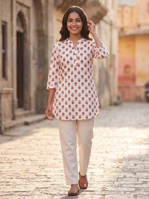 Rust and White Pure Cotton Floral Printed Top - Image 2