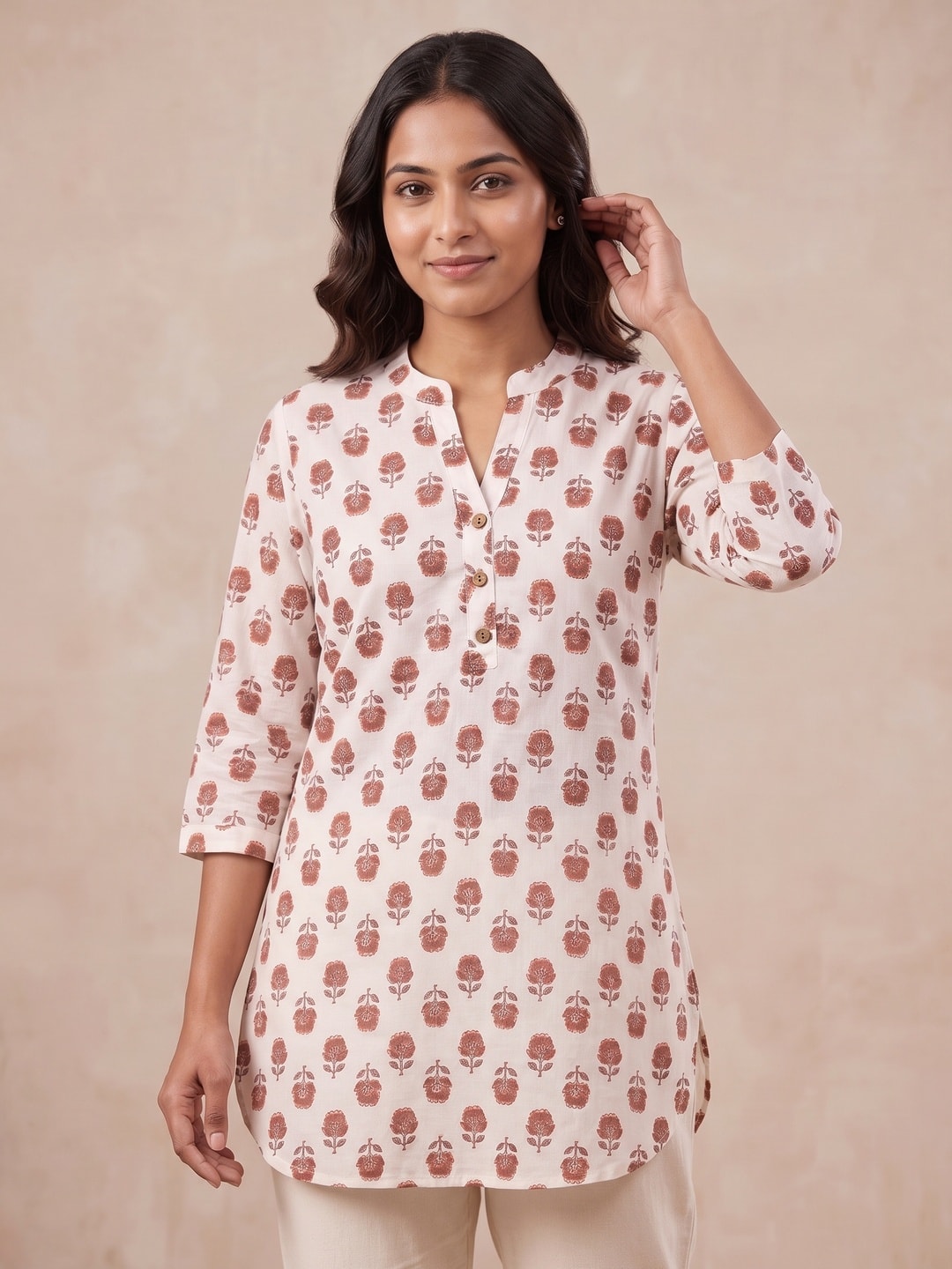 Rust and White Pure Cotton Floral Printed Top - Image 5