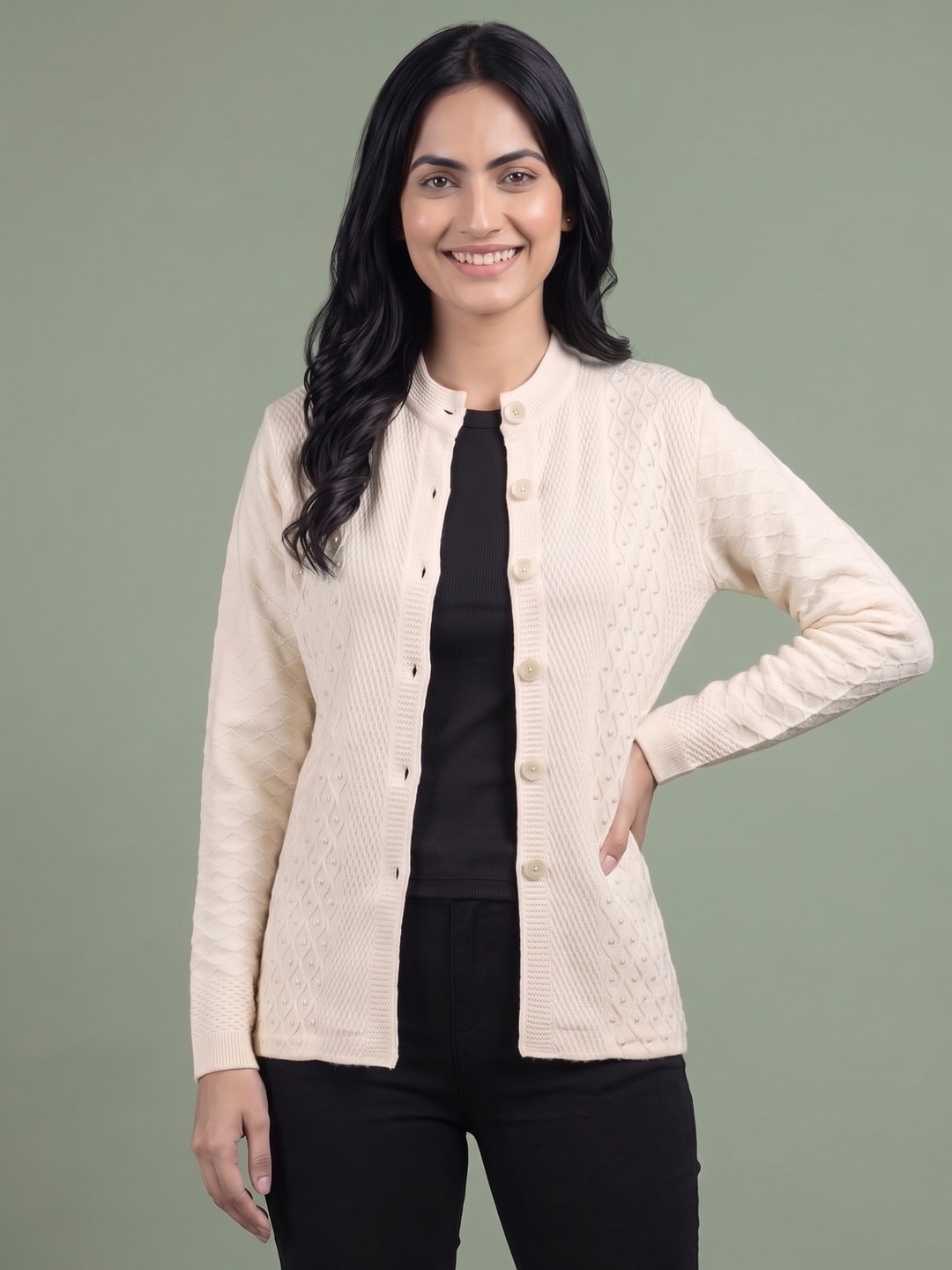 Peachmode White Cable Knit Pearl Beaded Woolen Cardigan - Image 1