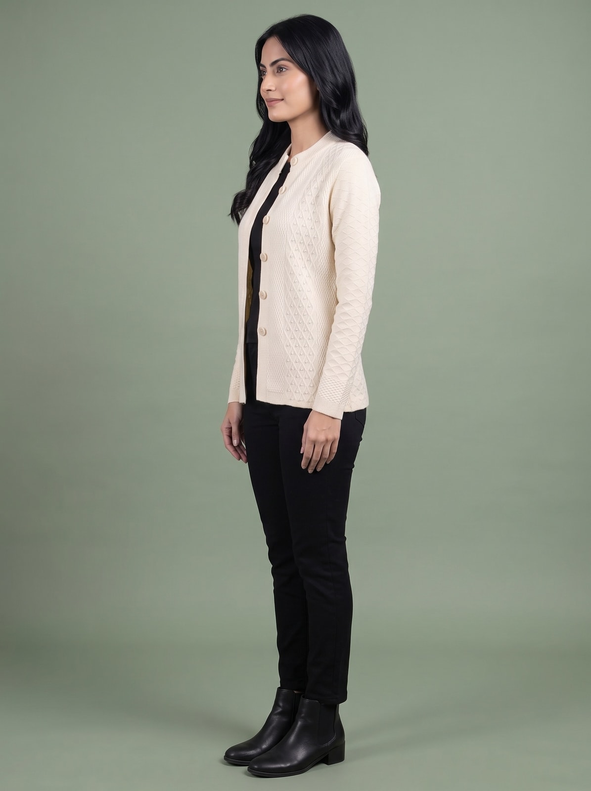 Peachmode White Cable Knit Pearl Beaded Woolen Cardigan - Image 3