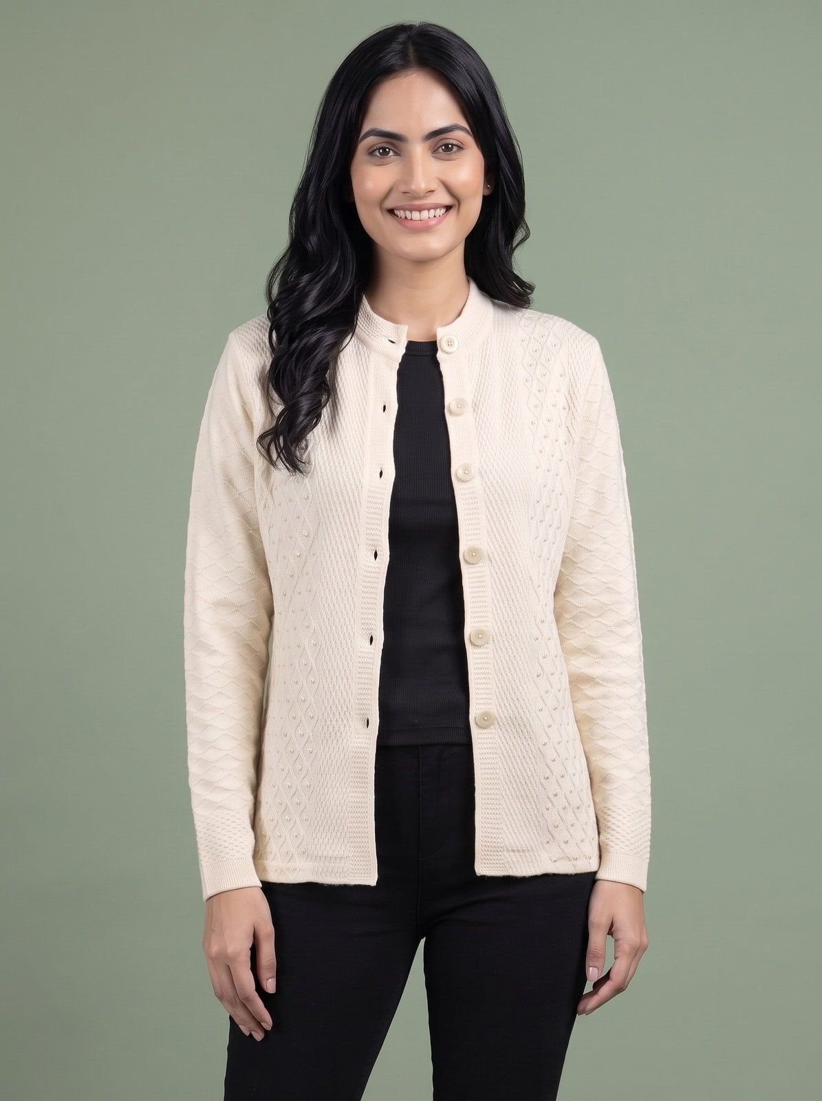 Peachmode White Cable Knit Pearl Beaded Woolen Cardigan - Image 5