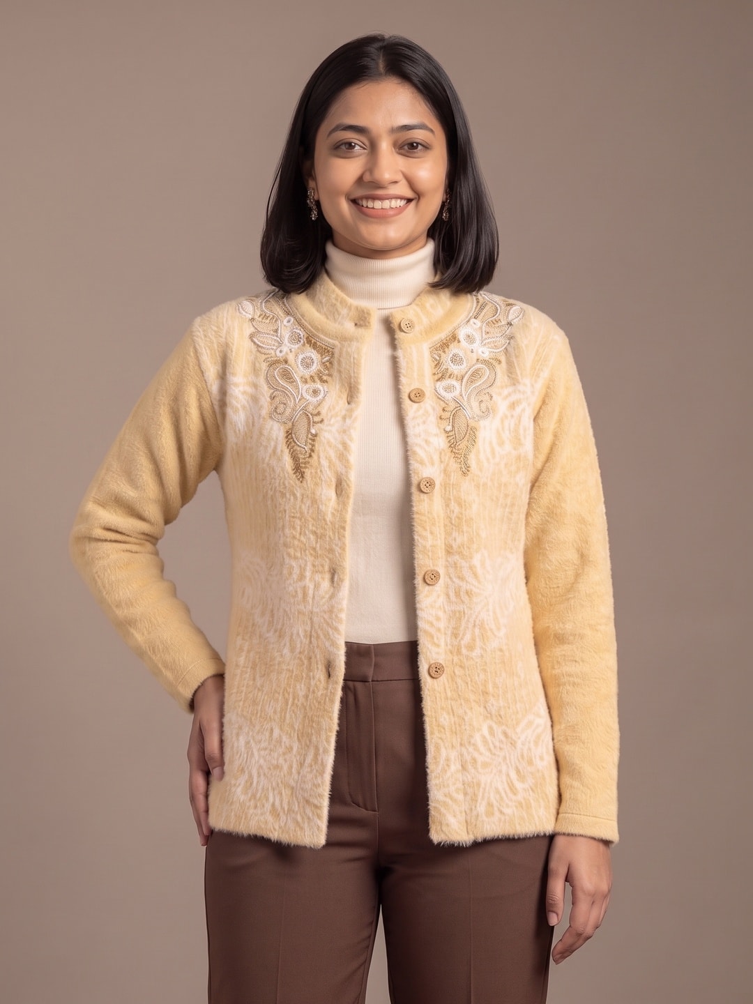 Peachmode Mustard Woolen Embroidered Cardigan - Image 1