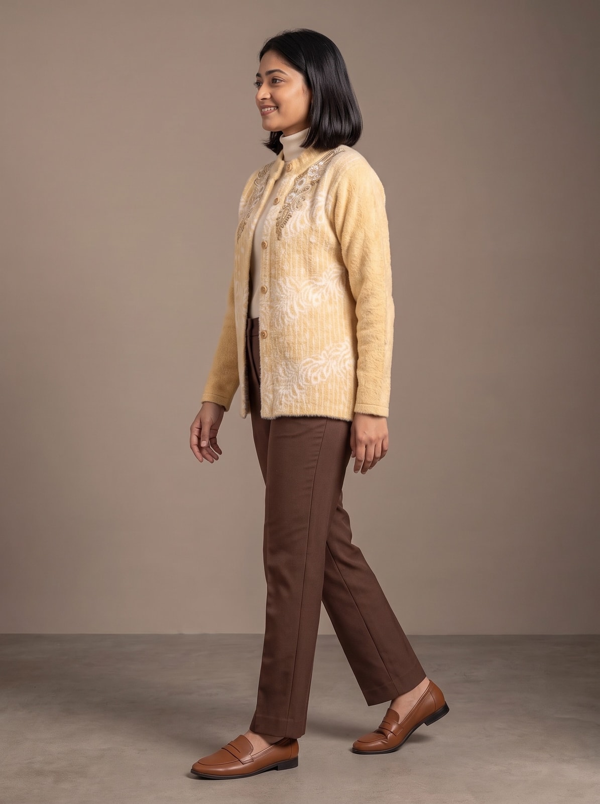 Peachmode Mustard Woolen Embroidered Cardigan - Image 3
