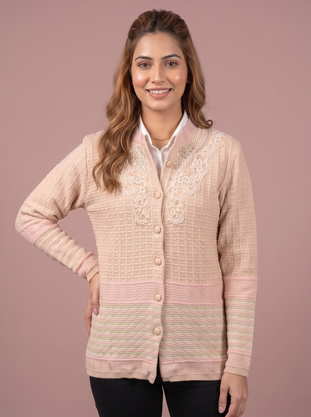 Peachmode Beige Waffle Knit Embroidered Woolen Cardigan - Image 5