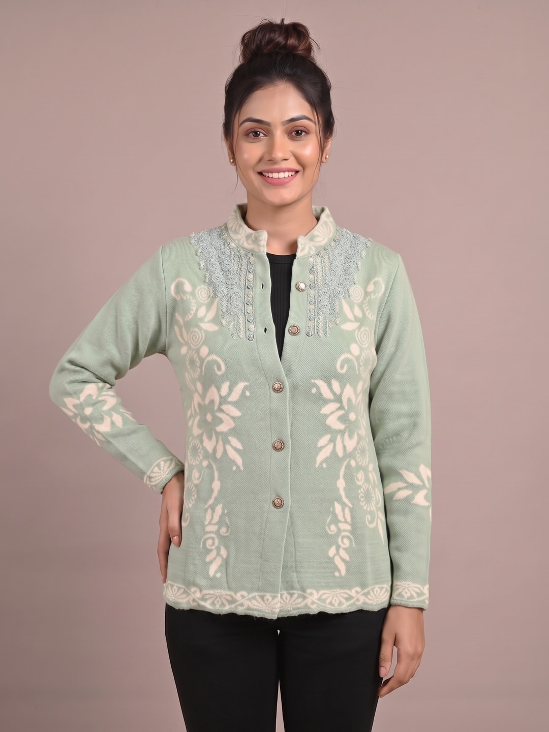 Peachmode Sage Green Floral Jacquard Woolen Cardigan - Image 1