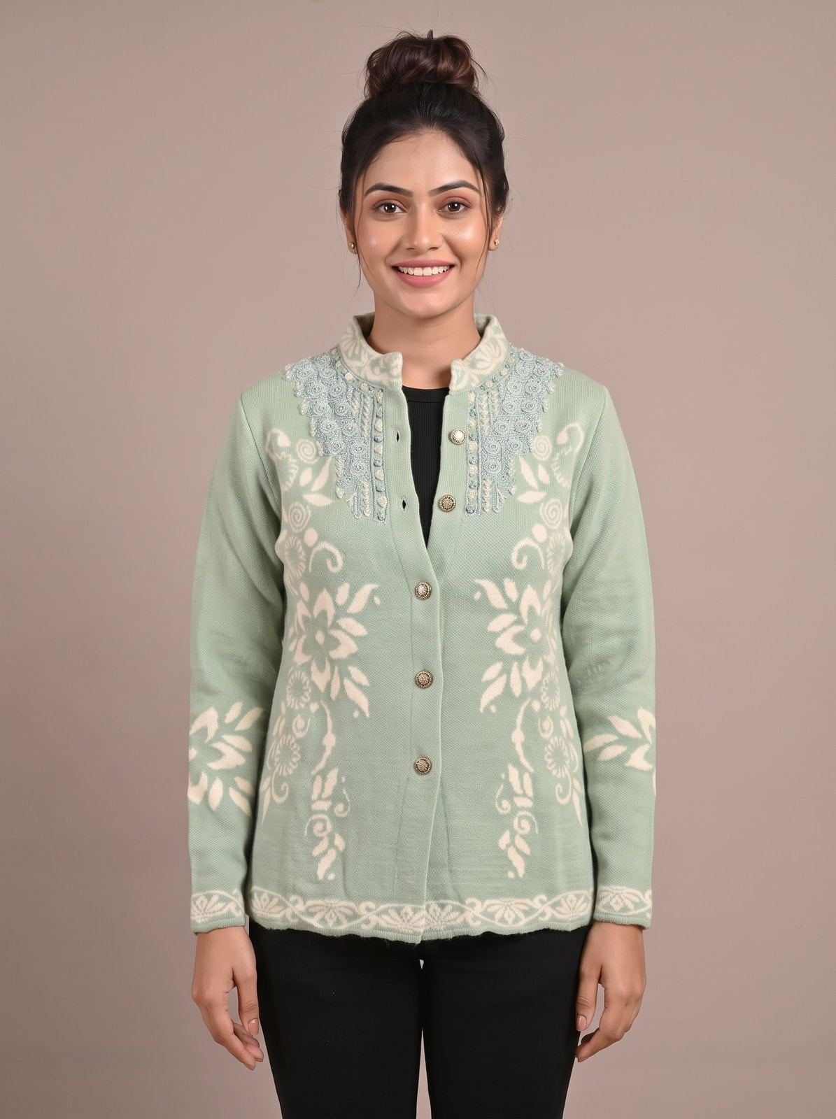 Peachmode Sage Green Floral Jacquard Woolen Cardigan - Image 5