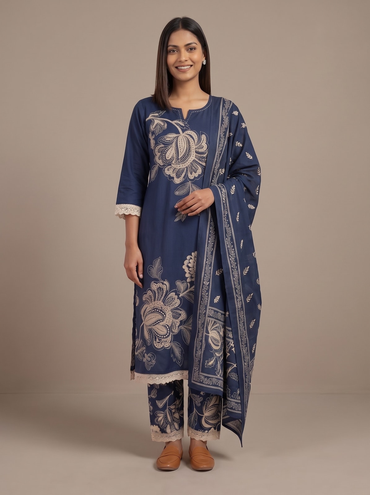 Peachmode Navy Blue Cotton Embroidered Salwar Suit - Image 1