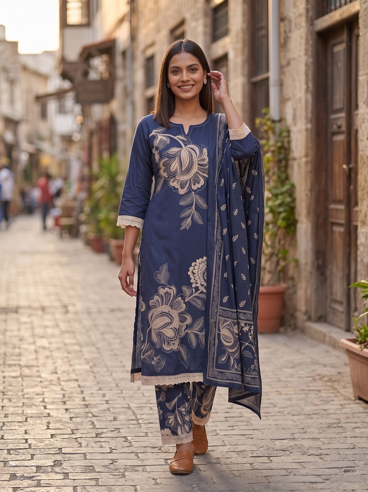 Peachmode Navy Blue Cotton Embroidered Salwar Suit - Image 2