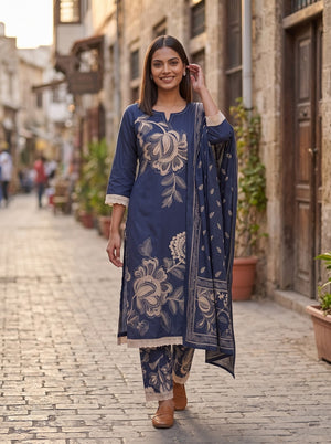 Peachmode Navy Blue Cotton Embroidered Salwar Suit - Image 2