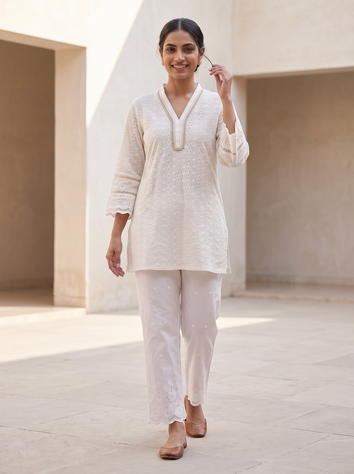 White Pure Cotton Schiffli Top Bottom Set - Image 2